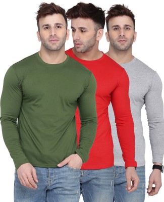 Kroptee Self Design, Solid Men Round Neck Red, Green, Grey T-Shirt