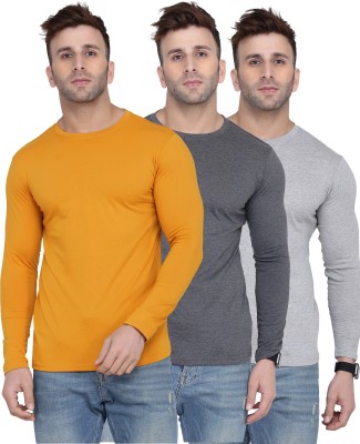 Kroptee Self Design, Solid Men Round Neck Grey, Yellow T-Shirt