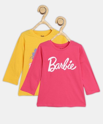 BARBIE Girls Graphic Print Pure Cotton Regular T Shirt(Yellow, Pack of 2)