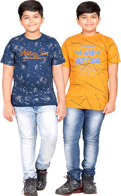 Jingo Baby Boys Printed Cotton Blend Regular T Shirt(Yellow, Pack of 2)
