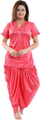 deepsales Women Solid Pink Night Suit Set