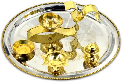 ME&YOU Pooja Thali, Silver Plated Laxmi Ganesha Amberoid Pooja thali With Brass OM Diya for Diwali Pooja | Navratras | Dhanteras | Bhaidooj and Gift for Friends & Relative Silver Plated, Brass(Silver, Gold)