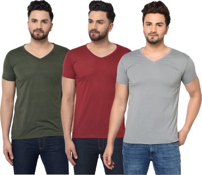 Jaskart Solid Men V Neck Dark Green, Maroon, Grey T-Shirt