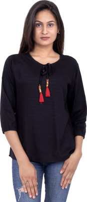 LAD CREATION Casual 3/4 Sleeve Solid Women Dark Blue Top