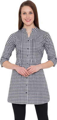 Hive91 Casual 3/4 Sleeve Checkered Women Black, White Top