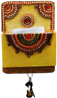 eCraftIndia Papier-Mache with Mail Organizer Ceramic, Wood Key Holder(5 Hooks, Multicolor)