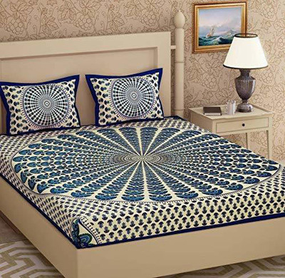 Hari Om 144 TC Cotton Queen Jaipuri Prints Flat Bedsheet(Pack of 1, Blue)