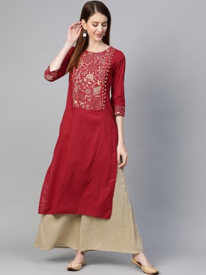 Varanga Women Floral Print A-line Kurta(Maroon)