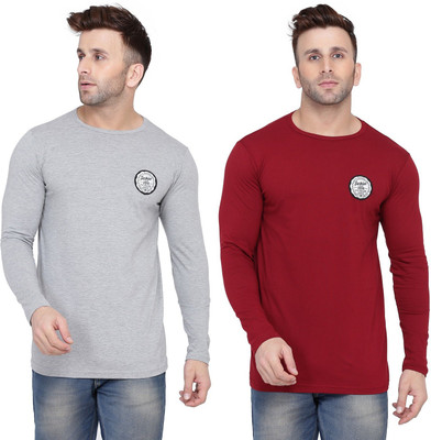 GEUM Solid Men Round Neck Silver, Maroon T-Shirt