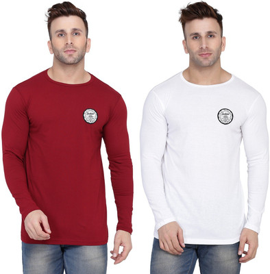 Money Leaf Solid Men Round Neck White, Maroon T-Shirt