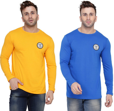 Lawful Casual Solid Men Round Neck Blue, Yellow T-Shirt