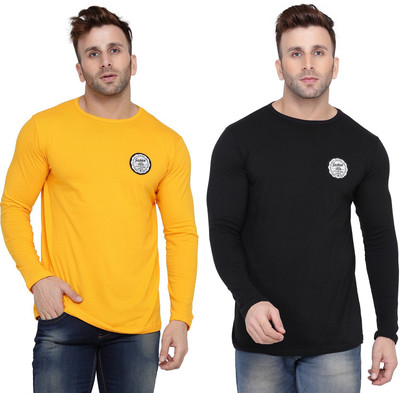 BEYOU FASHION Solid Men Round Neck Black, Yellow T-Shirt