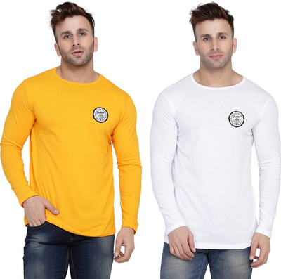 BEYOU FASHION Solid Men Round Neck White, Yellow T-Shirt