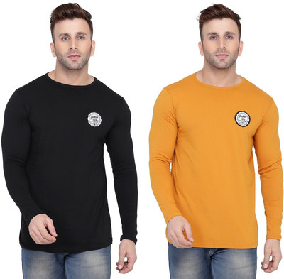 Trendfull Solid Men Round Neck Gold, Black T-Shirt