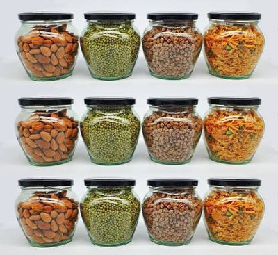 Sitaram Creation Glass Grocery Container  - 400 ml(Pack of 12, Black)
