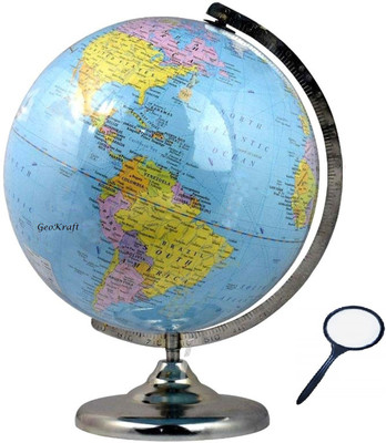 GeoKraft Laminated 12 Inches Chrome Finish World Globe with Lens Desk and Table Top Political World Globe(Extra Large Blue)
