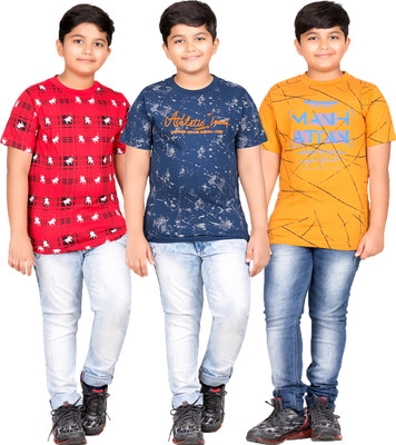 Jingo Boys Printed Cotton Blend Regular T Shirt(Multicolor, Pack of 3)