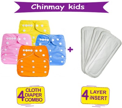 Chinmay Kids Combo of Quirk Reusable Baby Washable Cloth Diaper Nappy with Multi Layered Micro- Fibre Baby Insert Pads(Set of 4) (Multi- Colour)