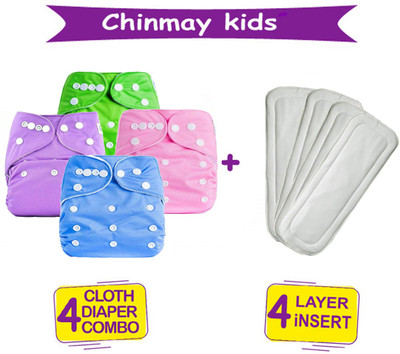 Chinmay Kids Combo of Reusable Baby Washable Cloth Diaper Nappy with Multi Layered Micro- Fibre Baby Insert Pads(Set of 4) (Multi- Colour)