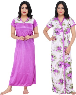 SIDWA Women Nighty with Robe(Purple, White, Green)