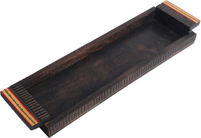 VarEesha Mango Wood Serving Tray with Hand Painted Orange Border - Large Tray(Tray)