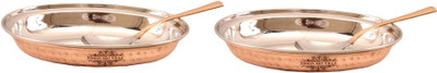 IndianArtVilla Set of 2 Steel Copper Platter Oval Plate - 800 ML each with 2 Spoon - Serving Dish, Rice - Home, Hotels, Restaurants, Tableware, Gift Item Tray(2 Tray)