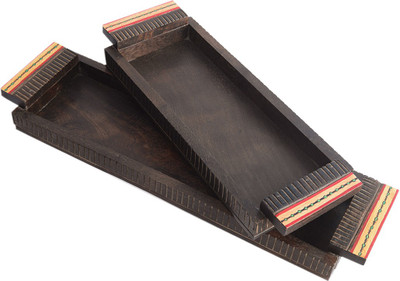VarEesha Mango Wood Serving Trays Set with Hand Painted Orange Border - Set of Two Tray(2 Tray)