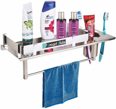 SMART SLIDE Stainless Steel 3 in 1 Multipurpose Bathroom Shelf/Rack/Towel Hanger/Tumbler Holder/Towel Rod/Bathroom Accessories (15 x 5 Inches) Stainless Steel Wall Shelf(Number of Shelves - 1)