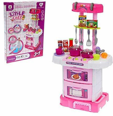 Jagrita Little Chef Kids Kitchen Play Set with Light & Sound Cooking Kitchen Set Play Toy (3 in 1) (Pink)