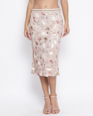 LELA Embroidered Women A-line Beige Skirt