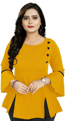 Wonder Villa Trendz Casual 3/4 Sleeve Color Block Women Yellow Top