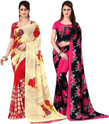 kashvi sarees Printed, Ombre, Floral Print Daily Wear Georgette Saree(Pack of 2, Red, Pink, Black, Cream)