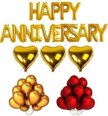 seal the deal Solid Happy Anniversary 16 Letter Foil Balloon Set With 30 HD Metallic Balloons Red & Golden & 3 Pcs Heart Foil Balloon (Pack of 49) Balloon(Red, Gold, Pack of 49)