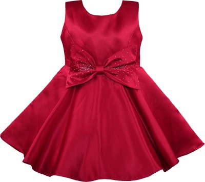 Wishkaro Girls Midi/Knee Length Party Dress(Red, Sleeveless)