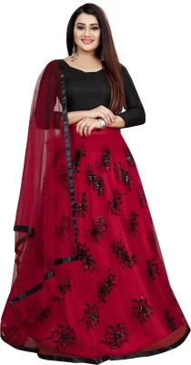 Crissy Embellished Semi Stitched Lehenga Choli(Red, Black)