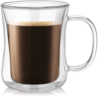 Bhaguji Double Wall Insulated Glass Coffee Tea Cup With Handle 400ml Glass Coffee Mug(400 ml)