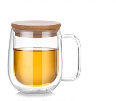 Bhaguji Double Wall Heat Resistant Glass Cup With Handle and Bamboo Lid 250ml Glass Coffee Mug(250 ml)