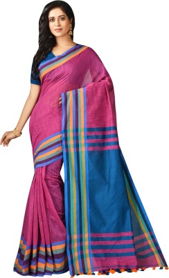 crochetin Woven Handloom Handloom Cotton Blend Saree(Magenta, Blue)