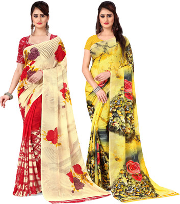 ANAND Floral Print Daily Wear Georgette Saree(Pack of 2, Red, Grey, Yellow, Cream)