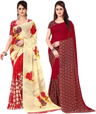 kashvi sarees Printed, Ombre, Floral Print Daily Wear Georgette Saree(Pack of 2, Red, Cream)