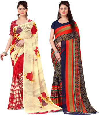 ANAND Floral Print Daily Wear Georgette Saree(Pack of 2, Dark Blue, Red, Orange, Cream)