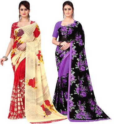 ANAND Floral Print Daily Wear Georgette Saree(Pack of 2, Purple, Red, Black, Cream)