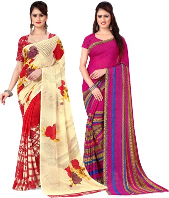 kashvi sarees Printed, Ombre, Floral Print Daily Wear Georgette Saree(Pack of 2, Red, Pink, Cream)