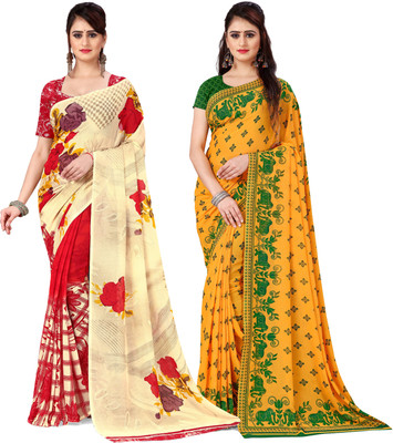 ANAND Floral Print Daily Wear Georgette Saree(Pack of 2, Red, Green, Yellow, Cream)
