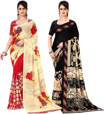 kashvi sarees Printed, Ombre, Floral Print Daily Wear Georgette Saree(Pack of 2, Red, Black, Cream)