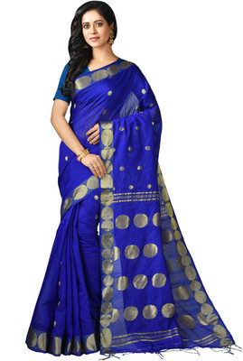 Mystory Self Design Handloom Cotton Blend Saree(Gold, Blue)