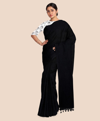 Look And Adorn Solid/Plain Handloom Pure Cotton Saree(Black)