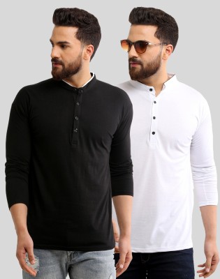 SCATCHITE Solid Men Henley Neck White, Black T-Shirt