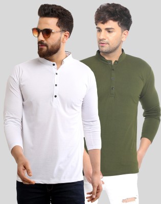 SCATCHITE Solid Men Mandarin Collar White, Green T-Shirt