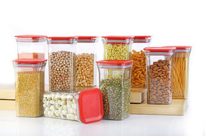 Machak Plastic Grocery Container  - 1100 ml(Pack of 10, Red)